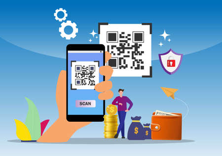 QR Code scanning concept with people scan code using smartphone. Flat style cartoon illustration...