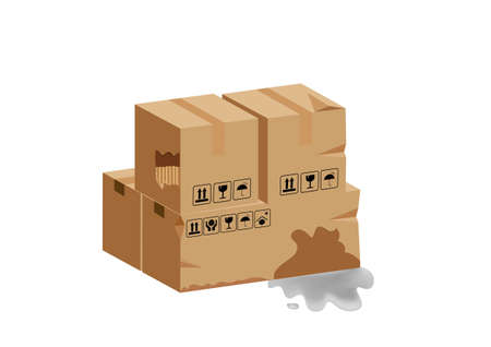 3D damaged crate box, broken cardboard box, wet flat style cardboard parcel box, product packaging, torn brown packaging box, isolated on white background. Flat style cartoon illustration vectorのイラスト素材