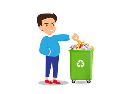 Happy Student Volunteering collects waste and plastic for recycling. Flat style cartoon illustration vectorのイラスト素材