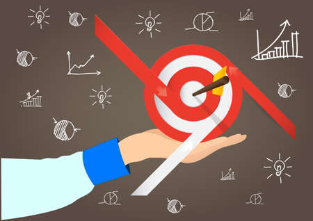 Illustration of a businessman holding a goal with arrows running into the center circle on all...