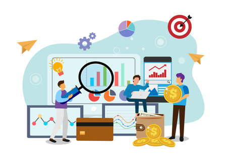 Business teams analyze data using financial charts and dashboards, landing page ideas for business and financial development investments. flat style cartoon illustration vectorのイラスト素材