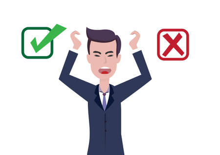Confused businessman standing between accept and reject buttons, decide, agree or disagree. flat design vector illustrationのイラスト素材