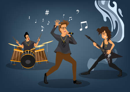 Colorful Rock Musicians: Guitarists, drummers, singers, characters happily perform their music in rock music. Flat style cartoon illustration vectorのイラスト素材