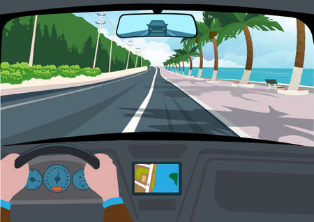 Beach sea view from inside the car through the windshield. vector cartoon scenery of highway, coastlineのイラスト素材