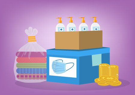 Plague donation box. Donate masks, alcohol gel to prevent the spread of coronavirus along with donating clothing and assets. Flat style cartoon illustration vectorのイラスト素材