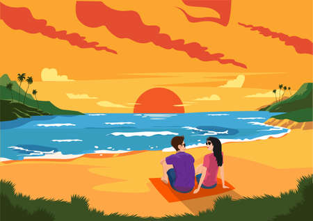 Couples chatting happily and enjoying the sunset at the beautiful beach. Flat style cartoon illustration vectorのイラスト素材