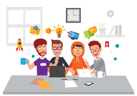 flat vector illustration A friend who is building a craft is sitting at his desk from home, negotiating, discussing a new project. thinking together Company data analysisのイラスト素材