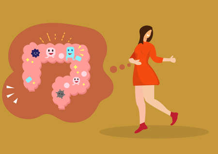 The concept of taking care of the body's health makes the colon and bacteria work to maintain balance. Flat style cartoon illustration vector&#xD;&#xA;のイラスト素材