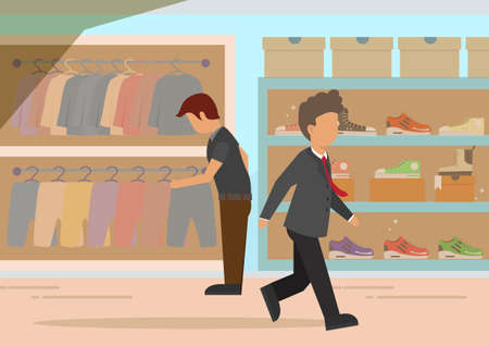 People shopping flat vector illustrations set. Happy boutique customers and friendly sellers cartoon characters. Clothing sale, consumerism concept. Garments shop, apparel retail business.のイラスト素材