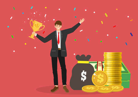 Business concept. Successful businessman standing laughing. Holding the winning trophy with gold coins, money bags and dollar bills vector illustrationのイラスト素材