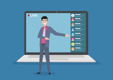 live streaming events business man showing in front of a laptop camera Remote events, stay at home, business presentations, video streaming Video conferencing and online communicationのイラスト素材