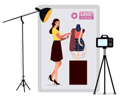 girl character Streaming Creator Fashion home video blogger, clothing vlogger, apparel. online shopping content famous creative fashion influencers flat vector illustration designのイラスト素材