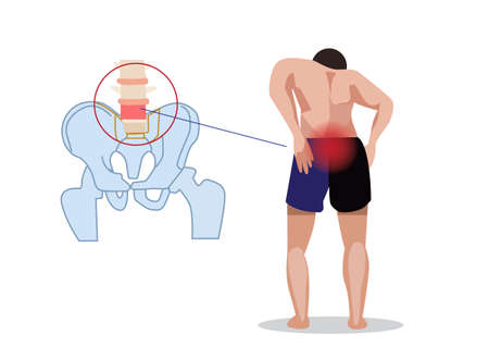 man holding his waist A man's bare torso from the back. Pain. Spine. or realistic sketches according to flat style cartoon illustration vectorのイラスト素材