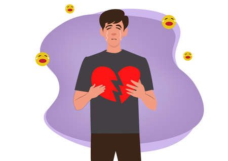Sad man holding a broken heart with a cry emoticon In the concept of heartbreak. Disappointed. Sad. Flat style cartoon vector illustration.のイラスト素材