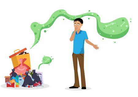 Young man annoyed by the smell of garbage from the community where people throw rubbish in an unconventional way No responsibility. flat style cartoon vector illustrationのイラスト素材
