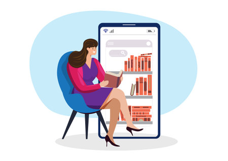 The female character she searched for books to read from mobile phones in the online world. Internet world library library concept. Flat style cartoon vector illustration.のイラスト素材