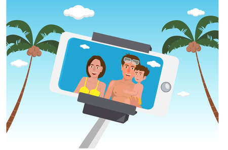 family, parents, children, happy, they are taking selfies photo shoot on the beach summer vacation beach family vacation flat style cartoon vector illustrationのイラスト素材