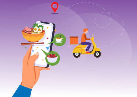 Mobile smartphone with food delivery app Order food online. modern creative data graphic design on the application Flat style cartoon illustration vectorのイラスト素材
