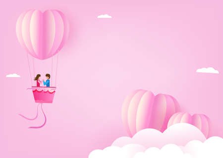 young couple on valentines day Romantic atmosphere with heart balloons floating in the sky scattered little hearts in paper art styleのイラスト素材