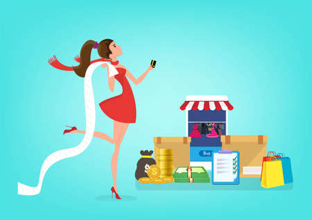 online shopping Ease of online trading for web pages, websites, templates and backgrounds. Flat style cartoon vector illustration.のイラスト素材