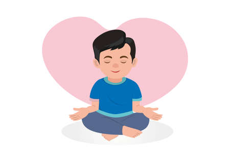 A young man in a yoga meditation posture. He is happy, quiet, relaxed from all worries. Flat style cartoon illustration vectorのイラスト素材