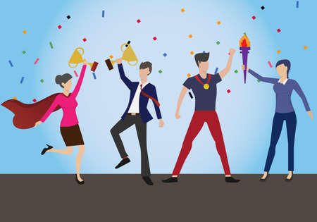 Successful business team male and female characters congratulate success There are trophies and medals. Victory concept teamwork cartoon flat vector illustrationのイラスト素材