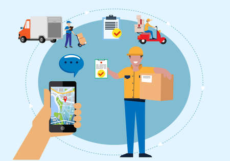 Transportation system That orders from a smartphone With the application technology The delivery of goods is accurate. Vector illustrationのイラスト素材