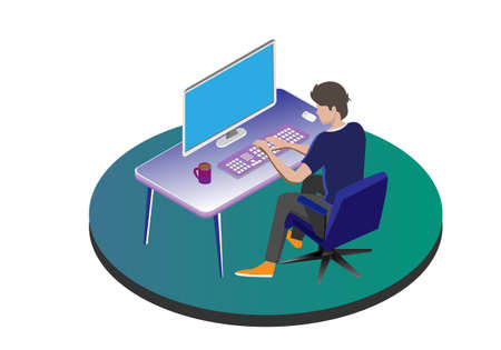 Marketer, manager, businessman, illustration, working at computer in officeのイラスト素材