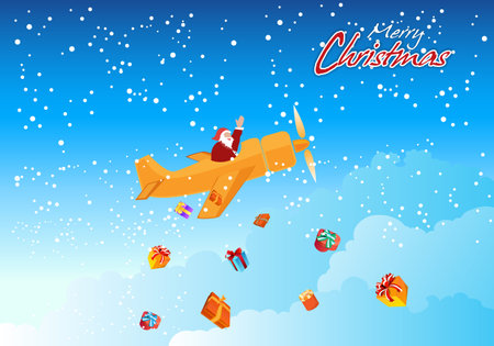 Santa claus merry christmas sit on the plane send down gifts Flat cartoon styleのイラスト素材