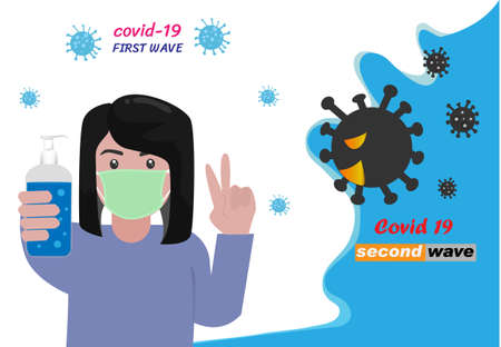 The concept of the second coronavirus outbreak Woman holding up two fingers to symbolize fight and kill germs coronavirus vector illustrationのイラスト素材