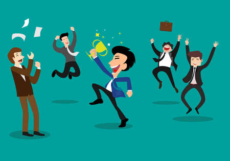 A business man holding a winning trophy and a cheerful jumping team Business success conceptのイラスト素材