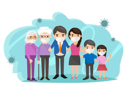 A family wearing a mask Adults, old people and children are protected from the second round of coronavirus.のイラスト素材