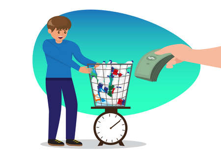 A young man brings plastic bottles and aluminum cans. to sell to stores that continue to recycle this type of waste.  illustration vector cartoonのイラスト素材
