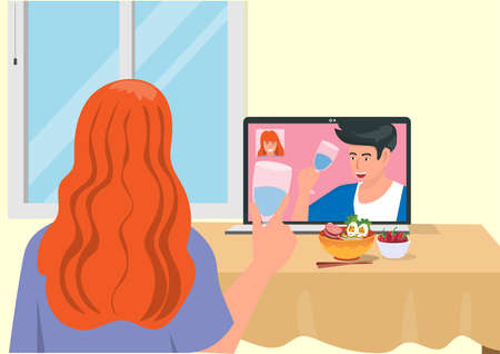 Young men and women communicate online using mobile devices. distant love concept vector illustrationのイラスト素材