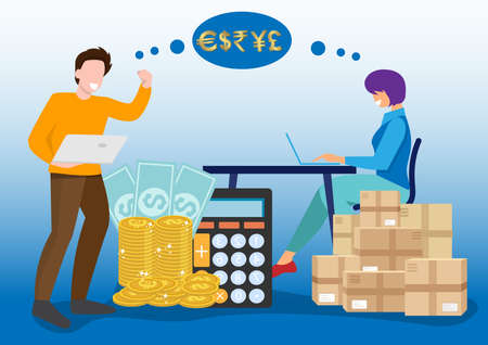 Male and female seller rejoicing at online trading Their success is achieved through multi-currency sales.のイラスト素材