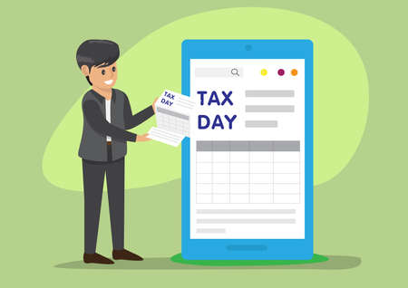 Tax Day Reminder Concept. Businessman submit tax by online concept, online tax payment and report. Business income. Vector illustration.のイラスト素材