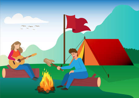 young couples going out and camping on summer vacation vector illustrationのイラスト素材