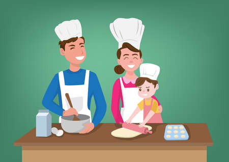 Parents and children preparing a festive cake at the kitchen. family ties vector illustrationのイラスト素材