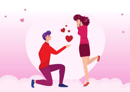 two young lovers on the background of the moon in the shape of hearts A man seeks the love of a woman with a big heart. vector illustrationのイラスト素材