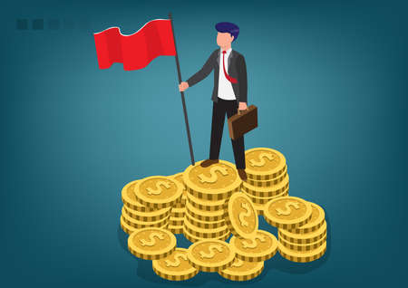 Successful businessman walking up stack of money - Rich man having success in career and earning more and more money. Vector illustration on white background.のイラスト素材