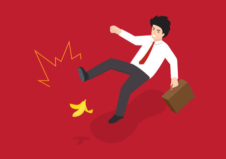A business man walks on a slippery banana peel. The road to success concept has unexpected obstacles. vector illustrationのイラスト素材