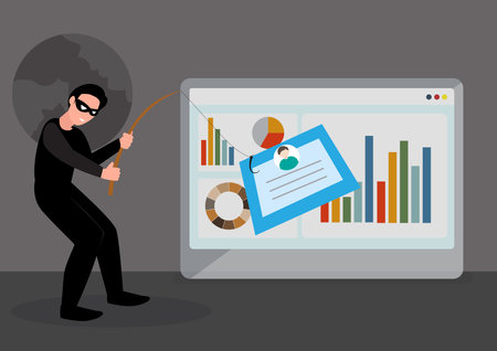 Cyber-phishing criminals steal personal information. Identity, password, bank documents and credit card. vector illustrationのイラスト素材