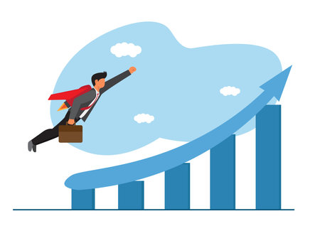 overcome business obstacles Overcome difficulties or obstacles to success, solve problems, business or leadership solutions, and strive for growth. Powerful businessman superhero destroying the targetのイラスト素材