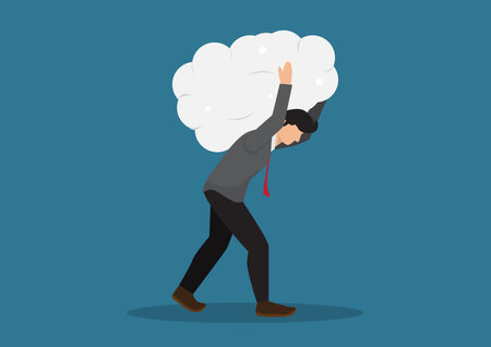 Over thinking, obsessive in work or too many problems that cannot make decision concept, tried depressed businessman carry heavy thinking bubble burden.のイラスト素材