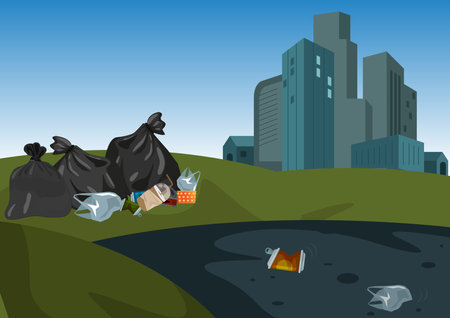 Big city, tubes and desert. Industrial buildings silhouette skyline. Urban scenery, factory pollution and pipe with dirty waste in the city. Landscape with ecology problem concept. Vector illustrationのイラスト素材