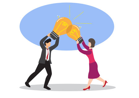 Combine idea, synergy or collaborate to get solution, brainstorm, teamwork or think together to develop great idea concept, businessman, businesswoman join or combine lightbulb idea for best result.のイラスト素材