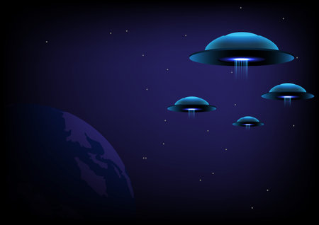 UFO explores the planet earth, planet or moon in the night sky. with an abstract space layer, an unidentified flying object hovering above the human world. vector illustrationのイラスト素材