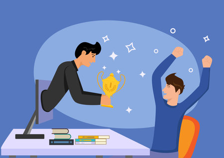 Handsome businessman holds out a golden cup from a monitor to a happy man. Office worker. Award in the online contest. Modern vector illustration.のイラスト素材