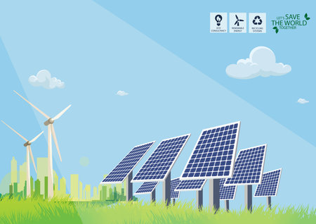 Clean electric energy concept. Renewable electricity resource from solar panels. Ecological change of the future. City skyline and nature landscape on backgroundのイラスト素材