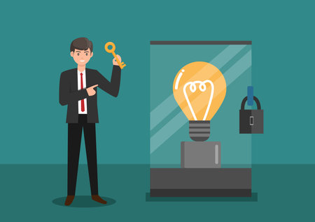 Intellectual property, patent protection, copyright copyright or trademark product that cannot be copied business owner concept standing with light bulb idea locked with key for patentのイラスト素材